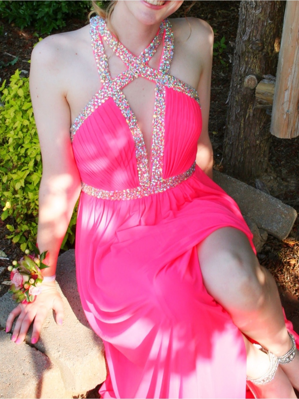 La Femme Hot Pink Jeweled Halter Prom Gown